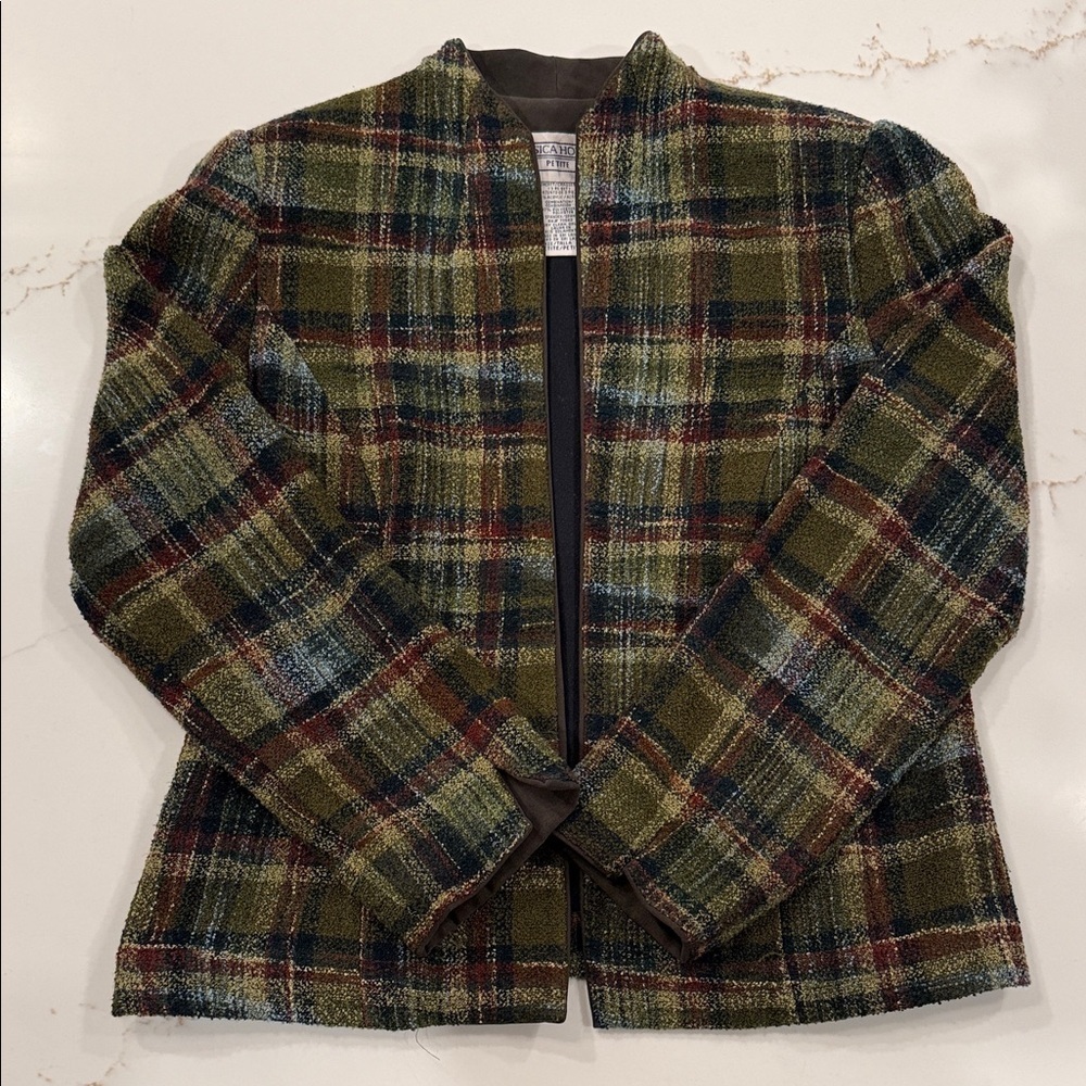 Vintage Jessica Howard Petite Plaid Open Front Jacket Blazer Green Brown 8P